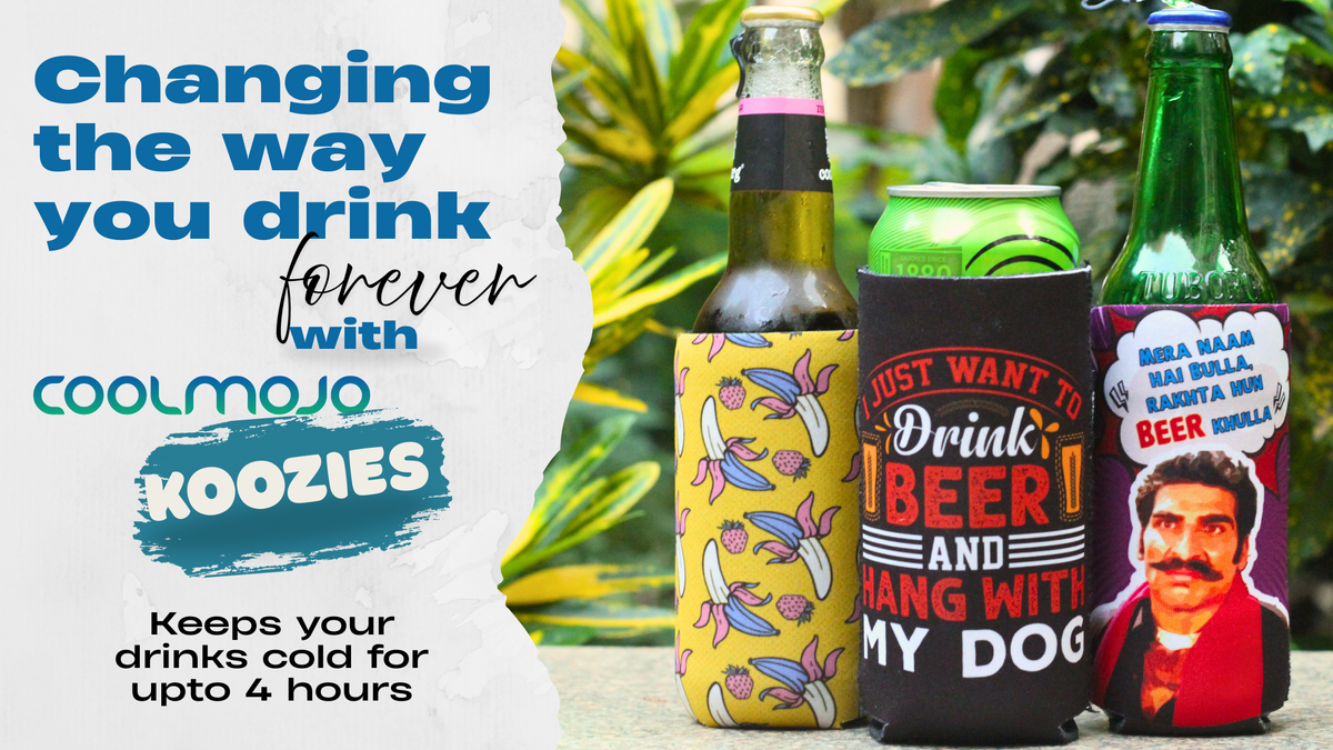 Three colorful koozies with humorous designs on a white background with greenery.